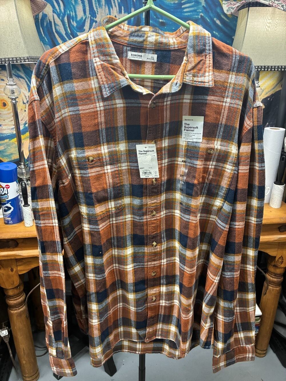 Sonoma Mens XXL Supersoft Flannel Shirt Plaid 100% Cotton NWT Brown Blue